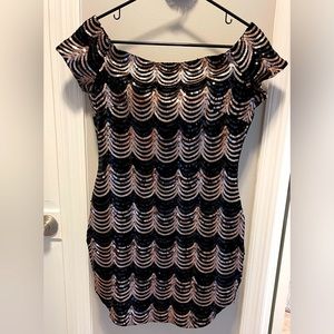 Windsor New Year’s Eve Gold & Black Sequin Strapless Mini Dress